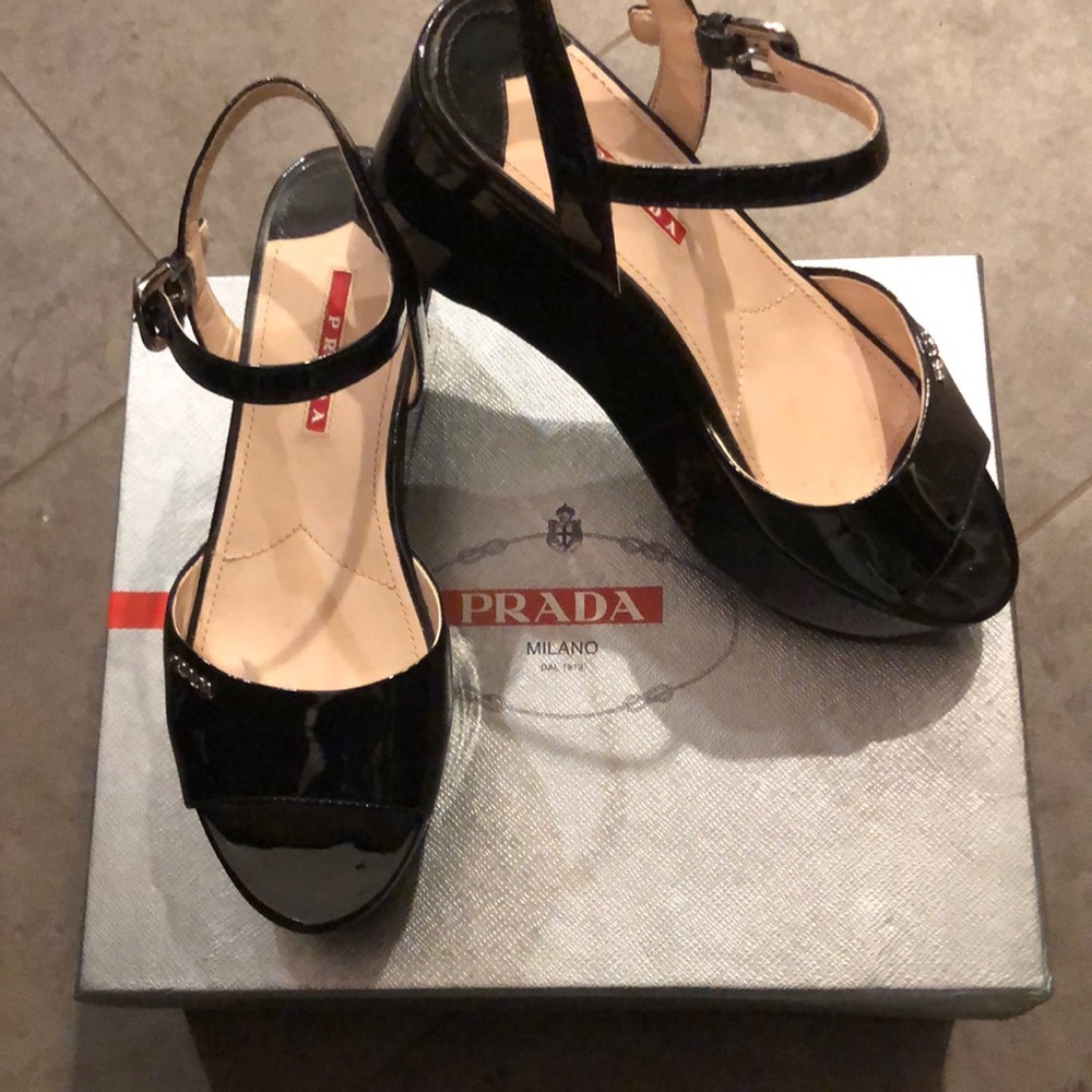Prada black patent platform wedge sandal 7.5